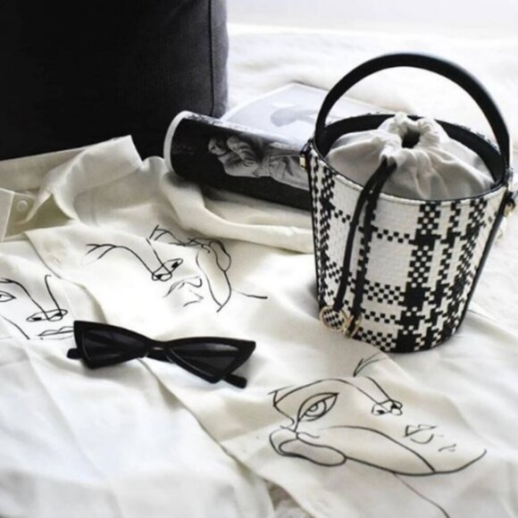 Anthropologie Handbags - Cafuné Mini Woven Leather Bucket Hand Bag Basket Hobo Modern Plaid Preppy Purse